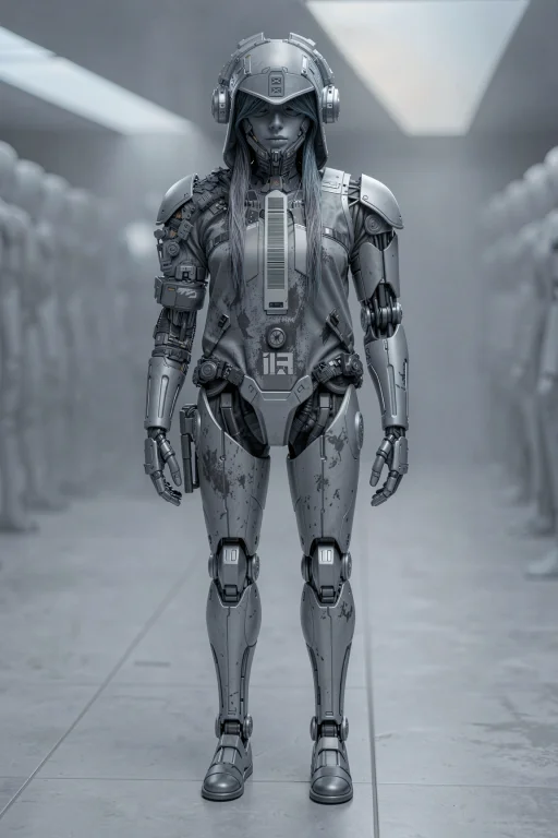 A Full-body Portrait Of A Cybernetic Soldier Centered In The...