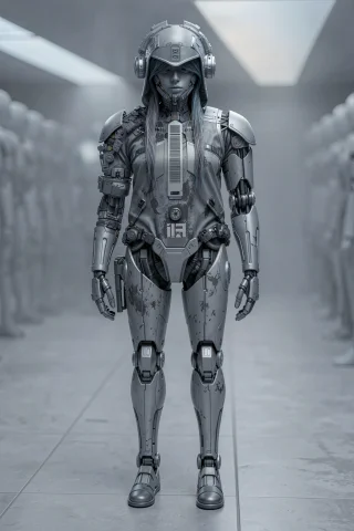 A Full-body Portrait Of A Cybernetic Soldier Centered In The... — FLUX AI Prompt: A full-body portrait of a cybernetic soldier centered in the frame with a straig...