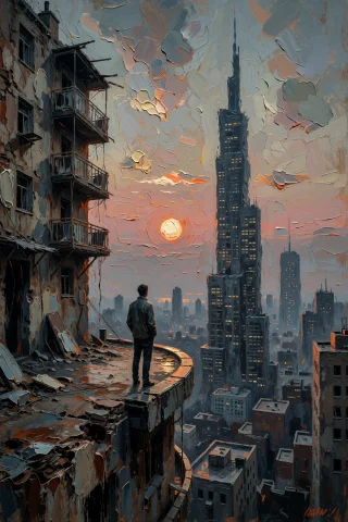 A Solitary Figure Stands On A Curved Rooftop Edge Beside A C... — Stable Diffusion AI Prompt: A solitary figure stands on a curved rooftop edge beside a crumbling apartment b...