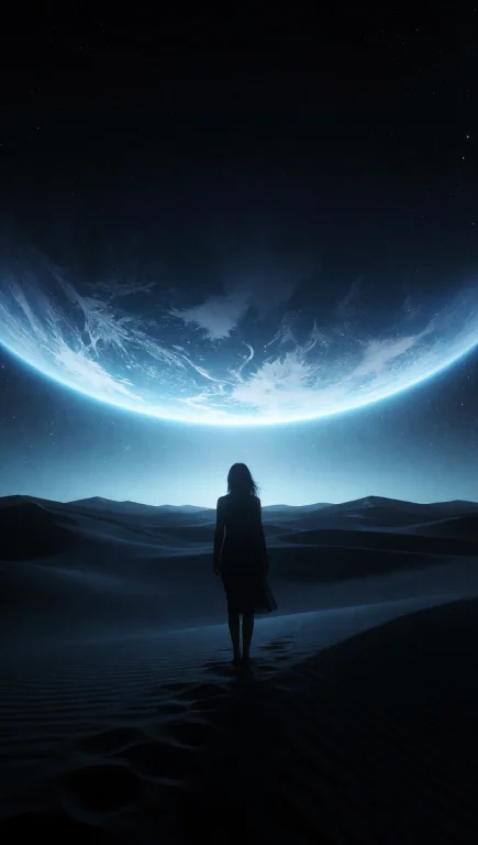 A Lone Woman Silhouette Stands Alone On A Dark, Undulating D...