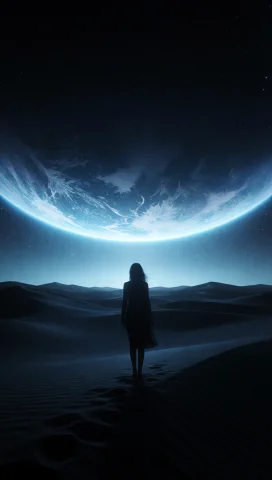 A Lone Woman Silhouette Stands Alone On A Dark, Undulating D... — Stable Diffusion AI Prompt: A lone woman silhouette stands alone on a dark, undulating desert landscape unde...