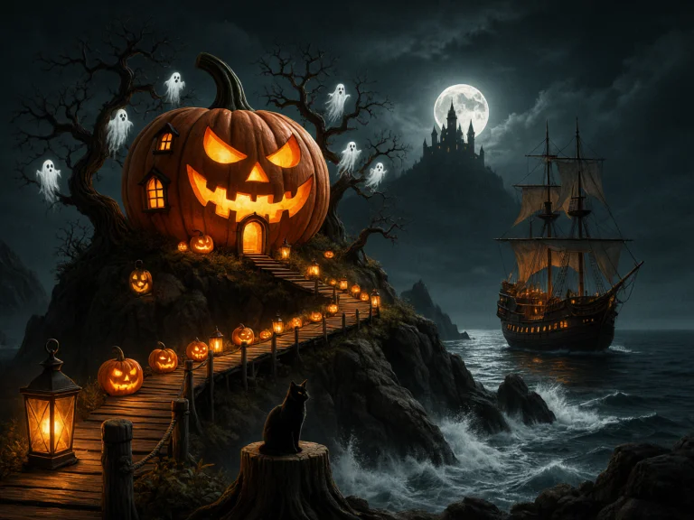 A Fantastical Halloween-themed Digital Artwork Of A Giant Ja...
