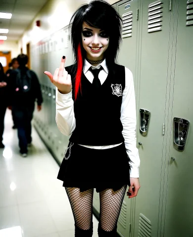 An 21 Year Old Slim And Skinny Black Haired Emo Girl, Cute F... — Stable Diffusion AI Prompt: An 21 year old slim and skinny black haired emo girl, cute face, red streak of h...