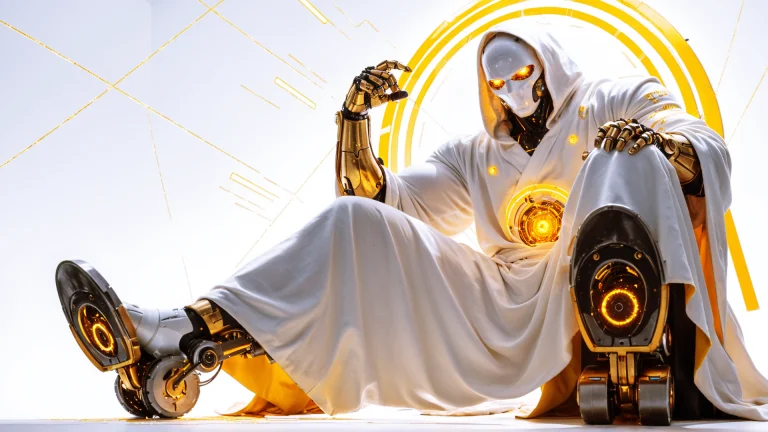 Robot, White Robe, Golden Line, Simple Background
