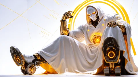 Robot, White Robe, Golden Line, Simple Background — SDXL AI Prompt: robot, white robe, golden line, simple background