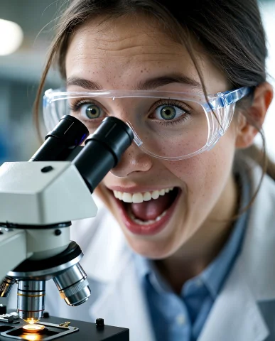 Young Female Scientist, Eyes Wide With Excitement, Gazes At... — Stable Diffusion AI Prompt: young female scientist, eyes wide with excitement, gazes at a microscope, her fa...