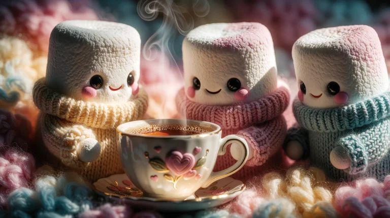 A Close-up Shot Of Anthropomorphic Marshmallows Wearing Tiny...