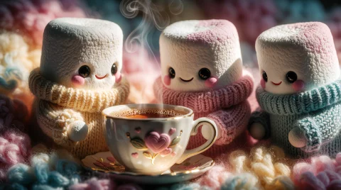 A Close-up Shot Of Anthropomorphic Marshmallows Wearing Tiny... — Stable Diffusion AI Prompt: A close-up shot of anthropomorphic marshmallows wearing tiny knitted sweaters, g...