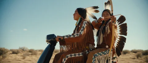 A Very Wide Shot, Cinematic Western Movie Still Of Two Indig... — Stable Diffusion AI Prompt: A very wide shot, cinematic western movie still of two indigenous sioux warrior...