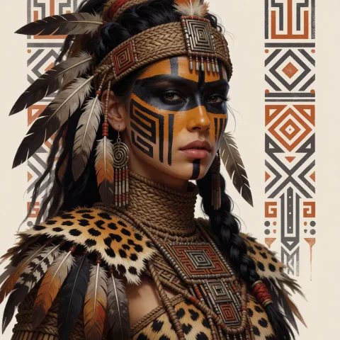 A Stylized Portrait Of The Warrior Woman As A Tribal Chiefta... — Stable Diffusion AI Prompt: A stylized portrait of the warrior woman as a tribal chieftainess. Her face is p...