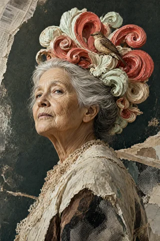 A Vertical Mixed-media Portrait Fills The Frame, Combining A... — Stable Diffusion AI Prompt: A vertical mixed-media portrait fills the frame, combining a realistic photograp...