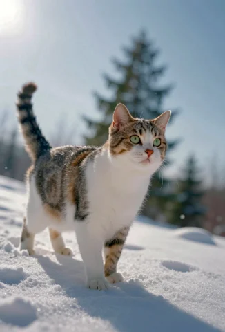 A Majestic Tabby Cat Stands Poised In A Deep, Textured Drift... — Stable Diffusion AI Prompt: **## A majestic tabby cat stands poised in a deep, textured drift of snow, its b...