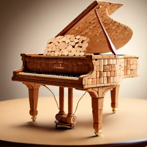 Corkworld, A Grand Cork Piano Stands Alone On A Tiny Stage,... — SDXL AI Prompt: corkworld, A grand cork piano stands alone on a tiny stage, with one enormous co...