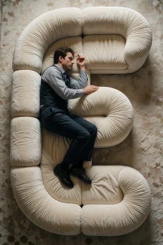 A Man Lies Curled On A Modular Sofa Shaped Like The Letter E... — Stable Diffusion AI Prompt: A man lies curled on a modular sofa shaped like the letter E, its segments arran...