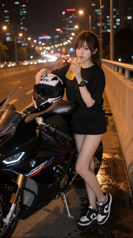 Nike Dunk Low Bmw S1000rr Bmw Kyt 8k 916 — Stable Diffusion AI Prompt: 創作一張超寫實、全身的生活風格照片，人物面容需與原始參考圖一致。場景設定在夜間的...