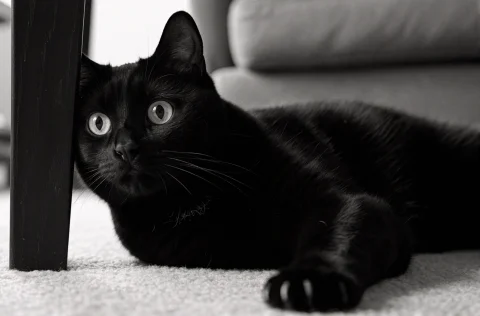 A High-contrast Monochrome Photograph Shows A Domestic Black... — Stable Diffusion AI Prompt: A high-contrast monochrome photograph shows a domestic black cat lying on a carp...