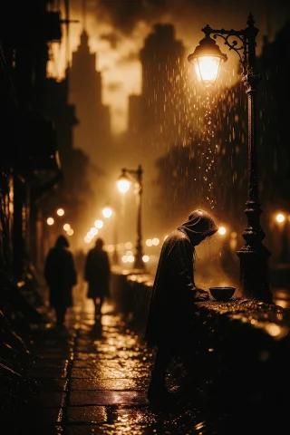 This Digital Artwork Depicts A Dark, Rainy Night In A Desola... — Stable Diffusion AI Prompt: This digital artwork depicts a dark, rainy night in a desolate, post-apocalyptic...