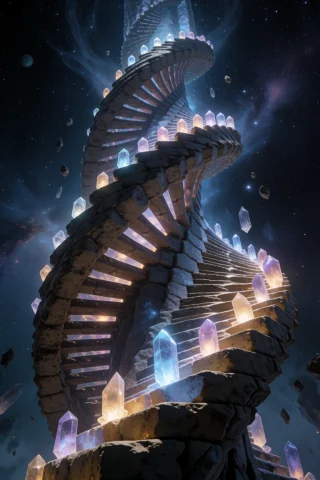 A Monumental Double-helix Tower Made Of Intertwining Ancient... — Stable Diffusion AI Prompt: A monumental double-helix tower made of intertwining ancient stone and glowing t...