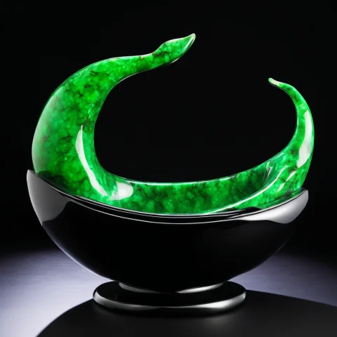 A Plump Whale Sculpted From Glossy Obsidian And Green Jade S... — SDXL AI Prompt: A plump whale sculpted from glossy obsidian and green jade squeezes into a tiny...