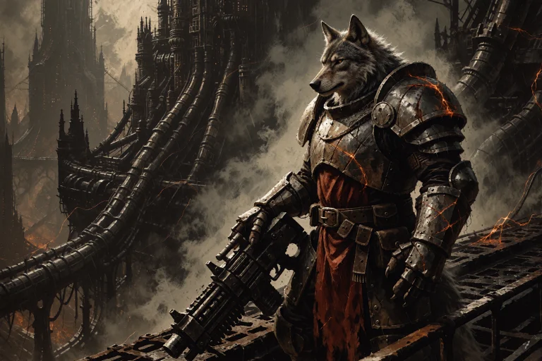 An Adult Anthropomorphic Grey Wolf Veteran Stands Poised On...