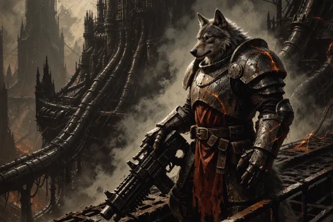 An Adult Anthropomorphic Grey Wolf Veteran Stands Poised On... — Stable Diffusion AI Prompt: An adult anthropomorphic grey wolf veteran stands poised on a narrow, rain-slick...