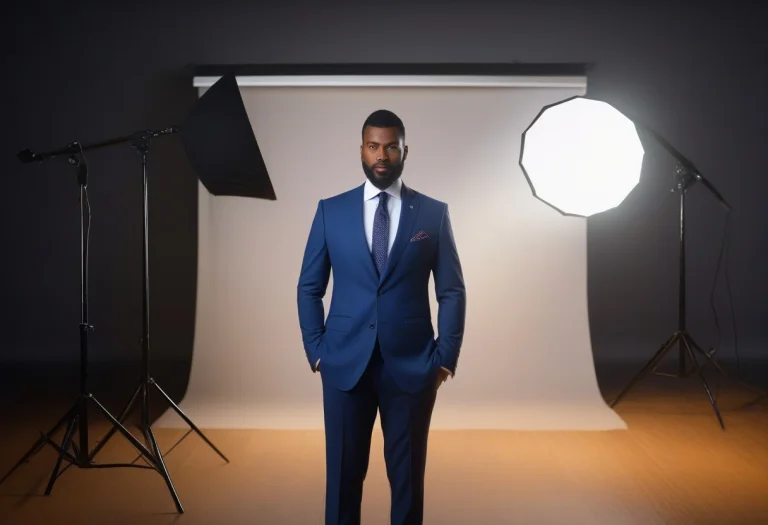 A Tailored Suit Framed In Hard Studio Light, Foggy Diffused...