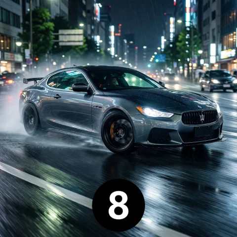 Loraqwen-image-2512-lightning-4steps-v10-bf161.0 A Fancy Car... — Stable Diffusion AI Prompt: A fancy car drifting on a wet Tokyo street at night captured in a low side-prof...