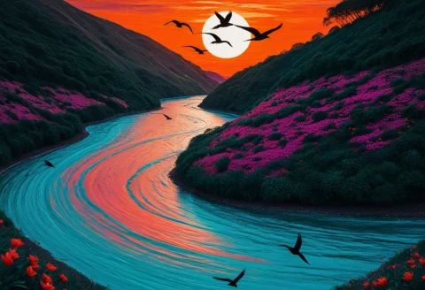 A Vibrant Teal River Winding Through A Dense Green Jungle, R... — SDXL AI Prompt: a vibrant teal river winding through a dense green jungle, rendered with vivid,...