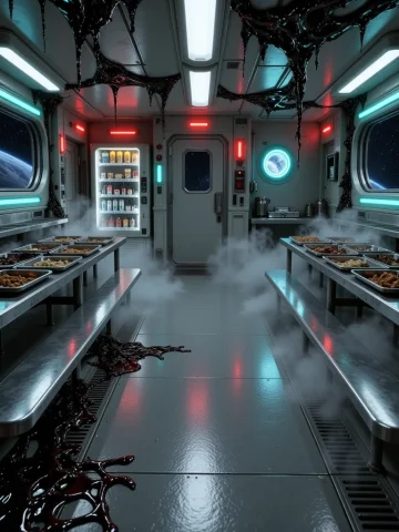 3d3nsh1p, C4nt1n, Frontal View Of The Same Crew Mess Hall In... — Stable Diffusion AI Prompt: 3d3nsh1p, c4nt1n, frontal view of the same crew mess hall inside a realistic hum...