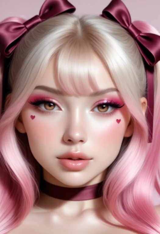 Woman Face Closeup, Girly Bows Or Ribbons, Burgundy Smoky Ey...