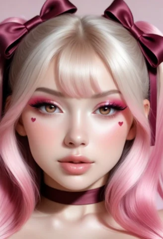 Woman Face Closeup, Girly Bows Or Ribbons, Burgundy Smoky Ey... — Stable Diffusion AI Prompt: woman face closeup, Girly bows or ribbons, Burgundy Smoky Eye, Full-bodied detai...