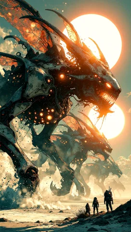 A Cinematic Extreme Wide Shot Of A Colossal Alien Migration... — Stable Diffusion AI Prompt: A cinematic extreme wide shot of a colossal alien migration crossing a vast salt...