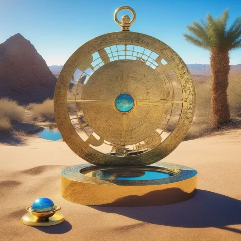 Jgybstyle, Polished Brass Astrolabe, Desert Ruins, Ancient S... — SDXL AI Prompt: jgyb_style, polished brass astrolabe, desert ruins, ancient stone and brass arti...