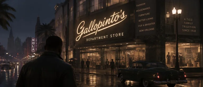 Sign Glowing At Night Gallopintos Department Store. Cursive...