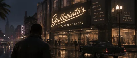Sign Glowing At Night Gallopintos Department Store. Cursive... — Stable Diffusion AI Prompt: sign glowing at night Gallopinto's department store. Cursive 1930s-1950s retro f...