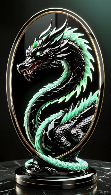 Obsidian Jade Sculpture1.3, Coiled Dragon Carved From A Sing...
