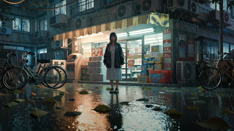 A Cinematic Wide Shot Of A Solitary Young Woman Standing Ben...