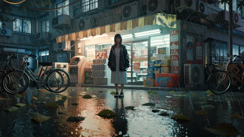 A Cinematic Wide Shot Of A Solitary Young Woman Standing Ben... — Stable Diffusion AI Prompt: A cinematic wide shot of a solitary young woman standing beneath the awning of a...