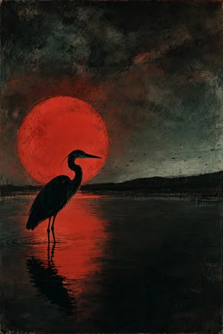 A Vertical Monotype-like Landscape Shows A Heron Standing On... — Stable Diffusion AI Prompt: A vertical monotype-like landscape shows a heron standing on one leg in dark wat...