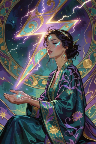 A Large, Highly Stylized Lightning Bolt Cracks Open The Air... — Stable Diffusion AI Prompt: A large, highly stylized lightning bolt cracks open the air above a woman, its j...