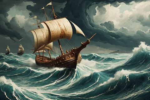 A Kinetic Oil Portrait Of A Wide And Turbulent Stormy Sea An... — SDXL AI Prompt: A kinetic oil portrait of a wide and turbulent stormy sea and an elaborate ancie...