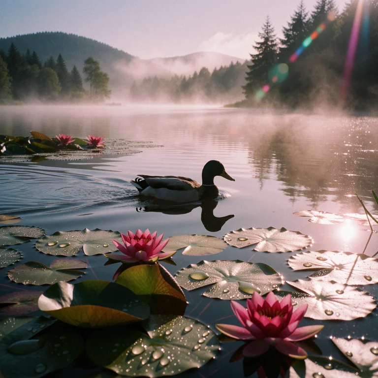 A Solitary Mallard Duck Glides Silently Across A Misty Lake,...