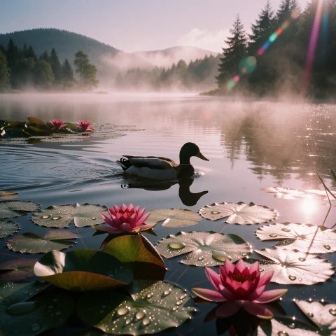 A Solitary Mallard Duck Glides Silently Across A Misty Lake,... — Stable Diffusion AI Prompt: A solitary mallard duck glides silently across a misty lake, its sleek grey-brow...