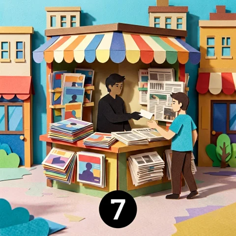 A Vivid 2d Paper-cut Collage Of A Corner Newsstand Kiosk, Fl... — Stable Diffusion AI Prompt: A vivid 2D paper-cut collage of a corner newsstand kiosk, flat layered paper mag...