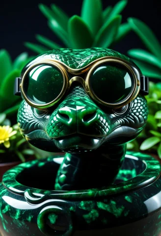 Extreme Closeup High Polish Shiny Green Obsidian Jade Snake... — SDXL AI Prompt: extreme closeup High polish shiny green Obsidian Jade snake face, Peeking out fr...