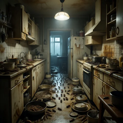 . . , , . . — Stable Diffusion AI Prompt: Ужасная кухня пронизанная атмосферой страха и непонимания. Кругом груды грязной...