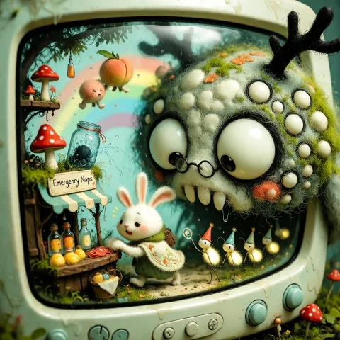 Inside A Chubby Pastel-mint Crt Television A Teeny Woodland... — Stable Diffusion AI Prompt: Inside a chubby pastel-mint CRT television: a teeny woodland market where polka-...