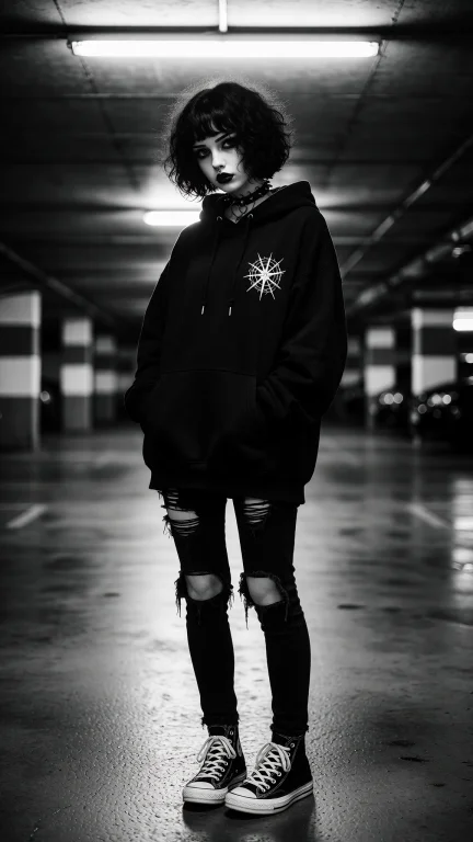Photorealistic Black And White Portrait Of A Young Goth Woma...