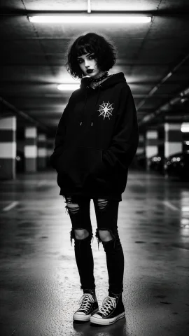 Photorealistic Black And White Portrait Of A Young Goth Woma... — Stable Diffusion AI Prompt: Photorealistic black and white portrait of a young goth woman with short curly b...