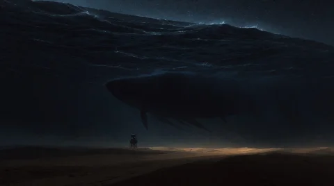 An Endless Dead Desert Beneath An Enormous Ocean Suspended U... — Stable Diffusion AI Prompt: An endless dead desert beneath an enormous ocean suspended upside down in the sk...